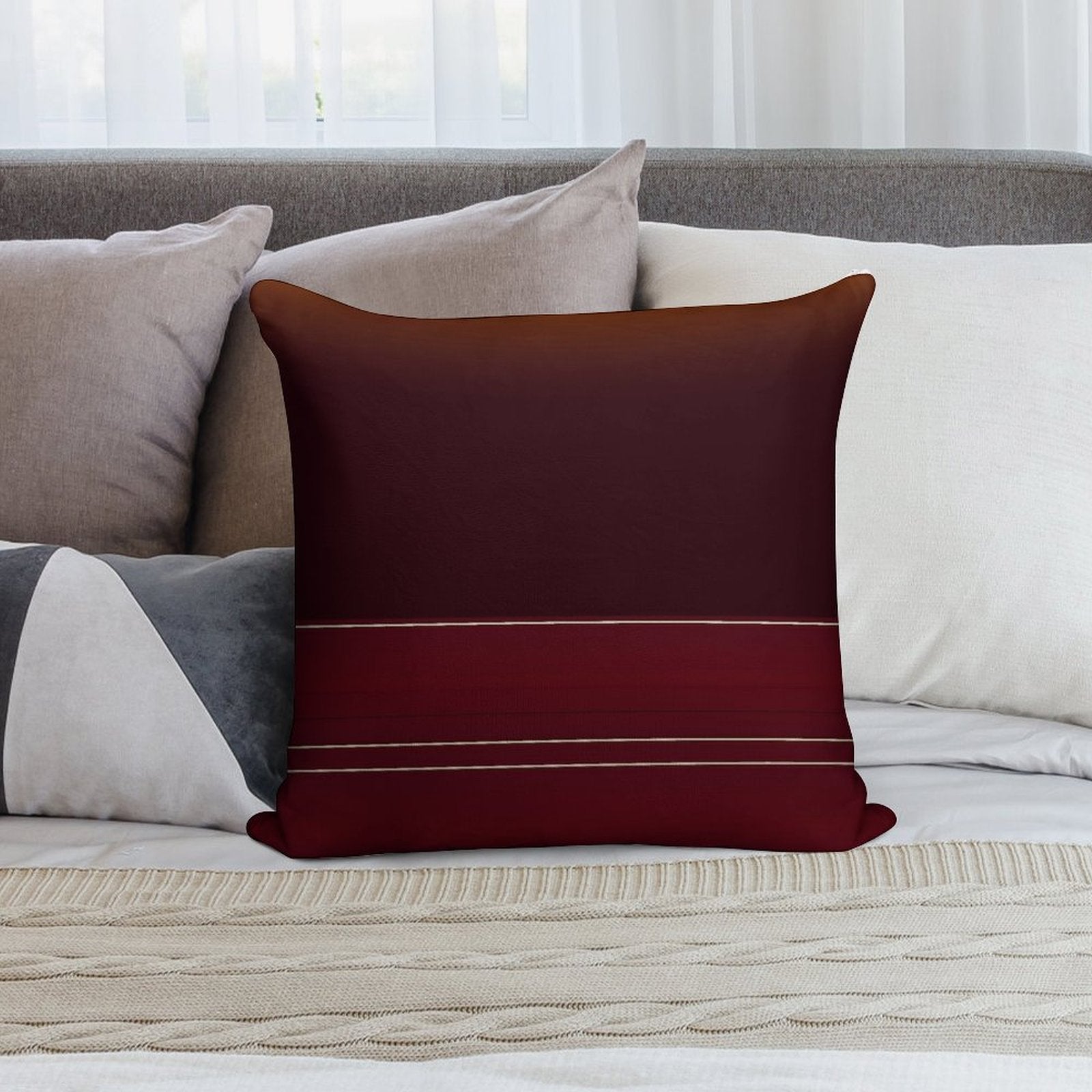Rich Burgundy Ombre Wine with Gold Stripes Soft Reinforced Edging Throw Pillow