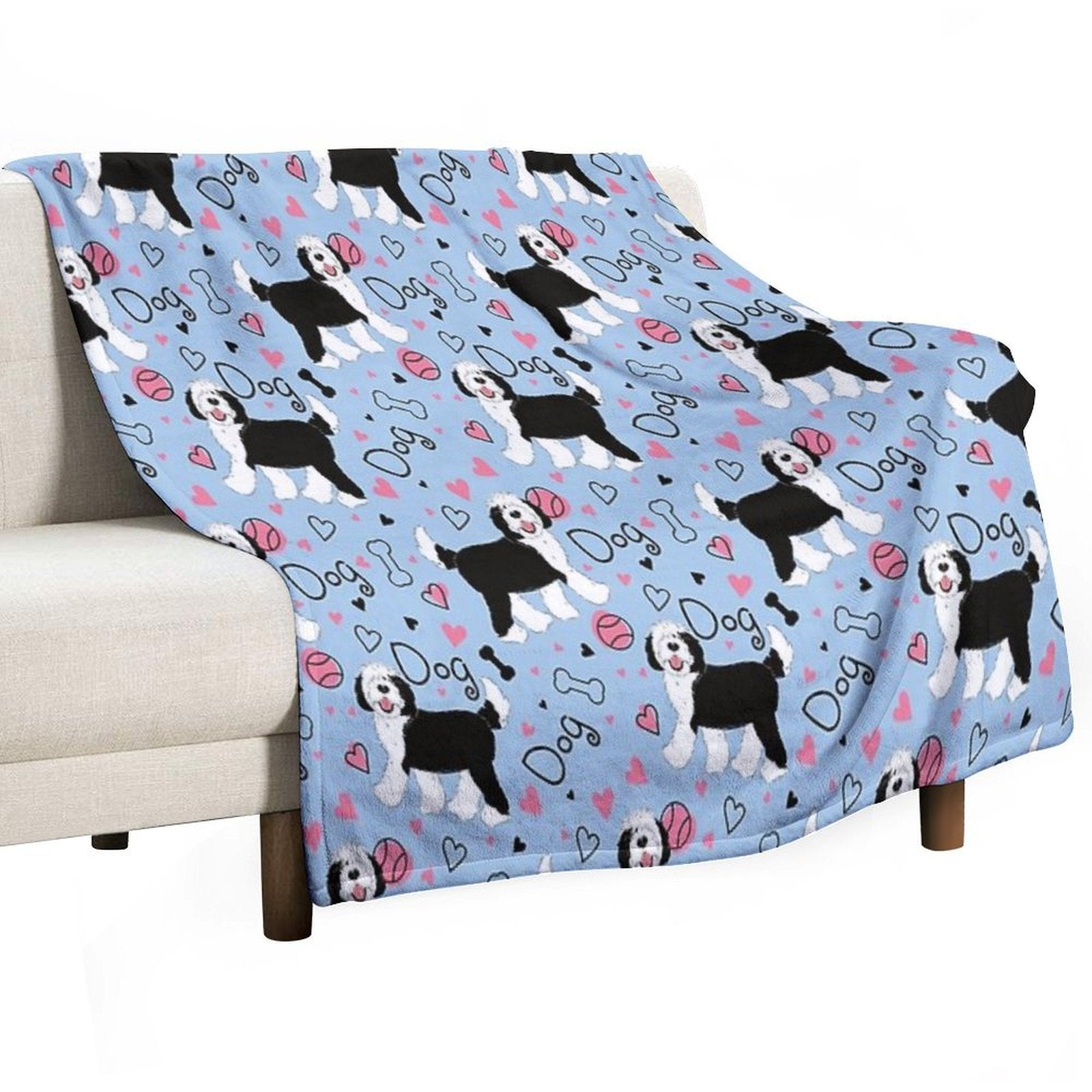 Cute Black And White Sheepadoodle Puppy Machine-washable Throw Blanket