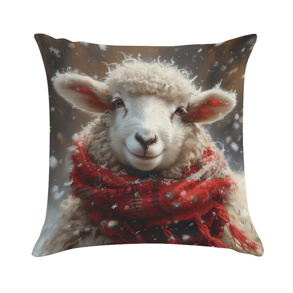 Sheep in The Snow with A Red Scarf Soft Anti-Pilling Throw Pillow
