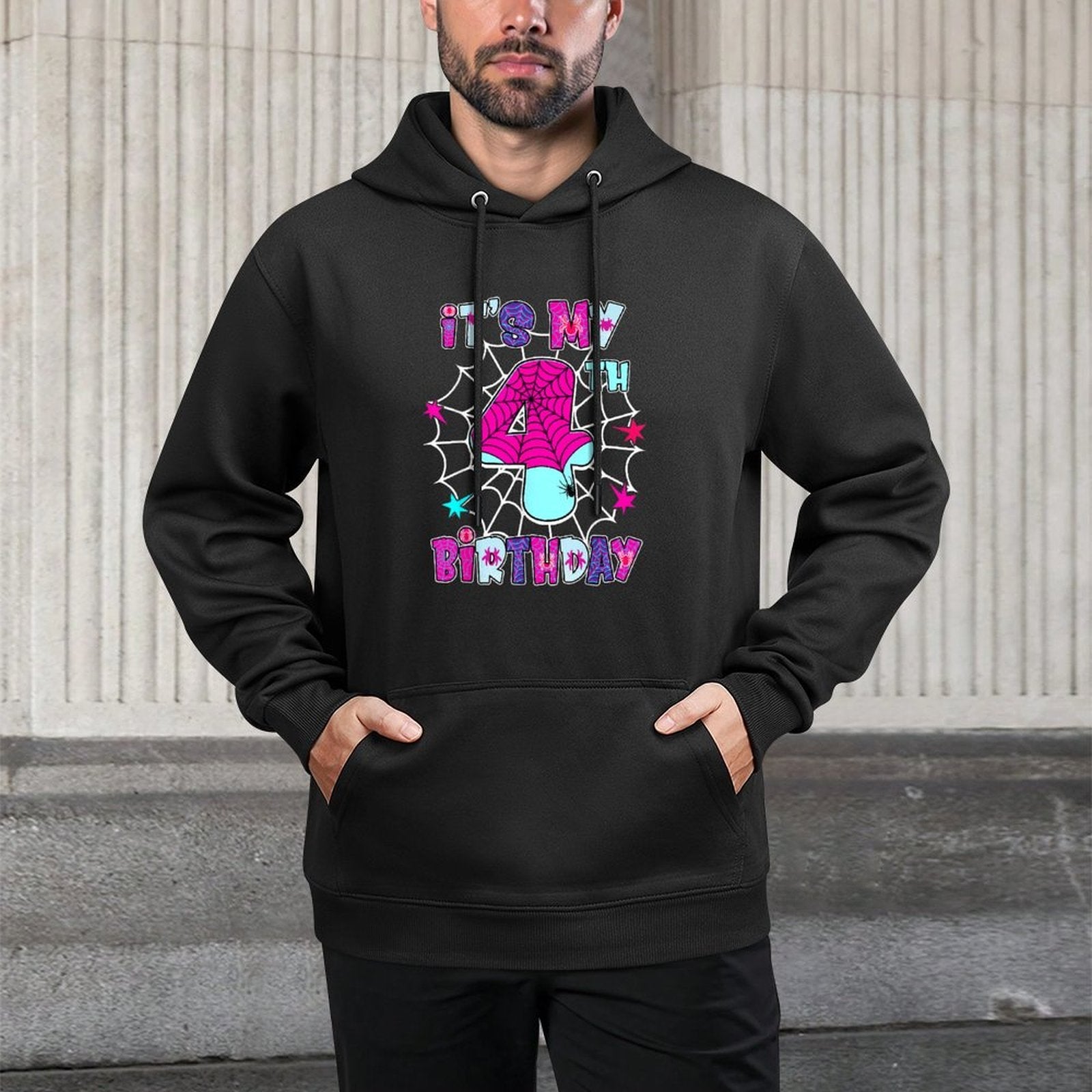 Kids 4 Year Old Birthday Spider Web It's My 4th Birthday Adjustable Hood Hoodie