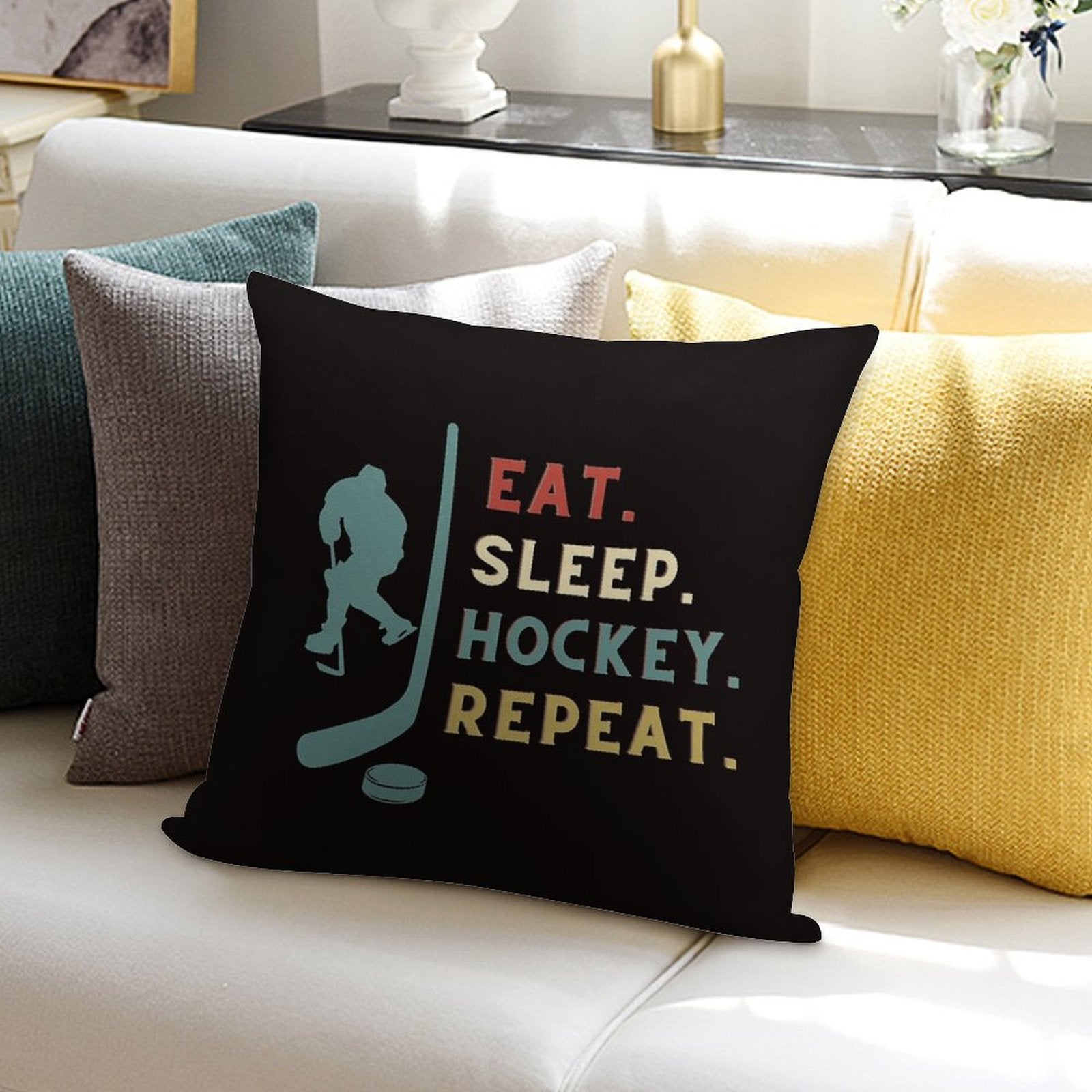 Eat Sleep Hockey Repeat Soft Durable Construction Throw Pillow