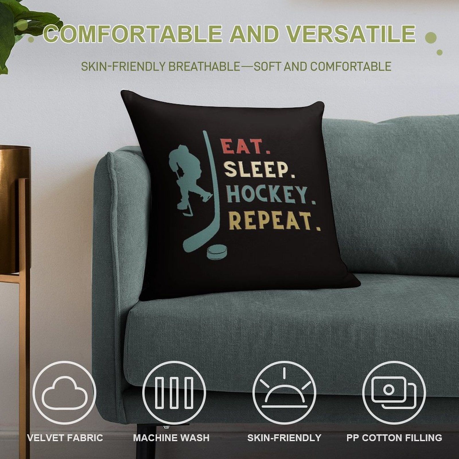 Eat Sleep Hockey Repeat Soft Durable Construction Throw Pillow