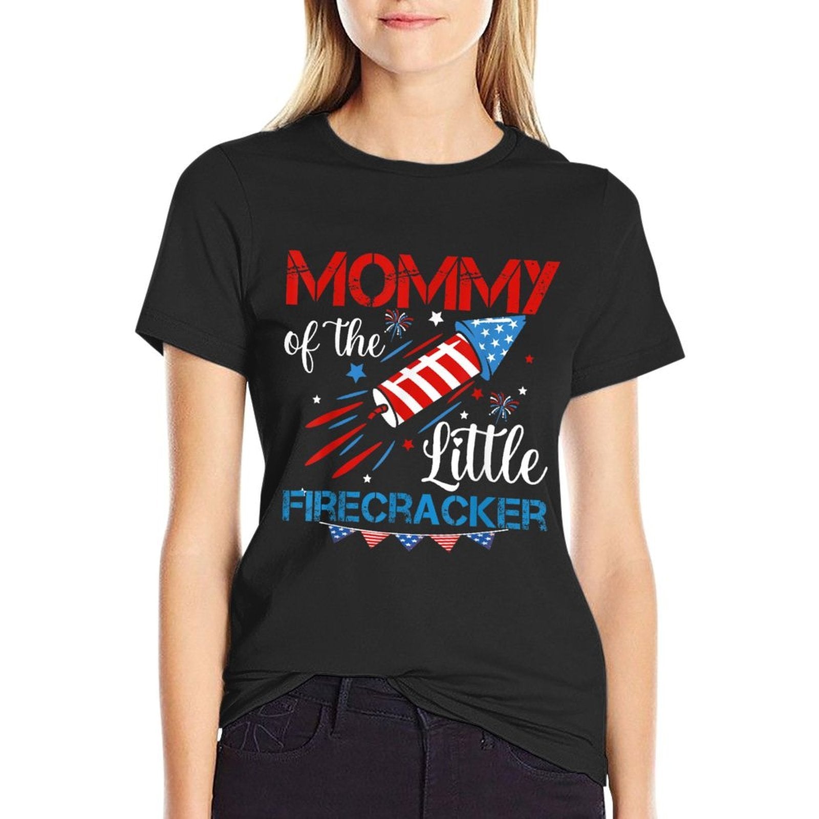 Mommy Of The Little Firecracker 4th of July Birthday Mom  Cotton T-Shirt