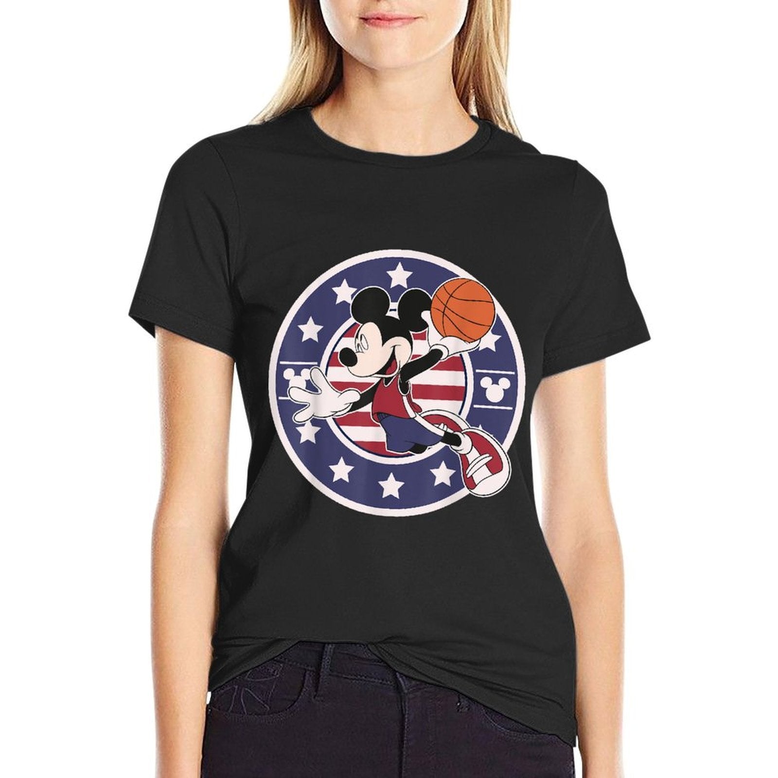 Disney Mickey And Friends Mickey Basketball USA  Ribbed Collar T-Shirt